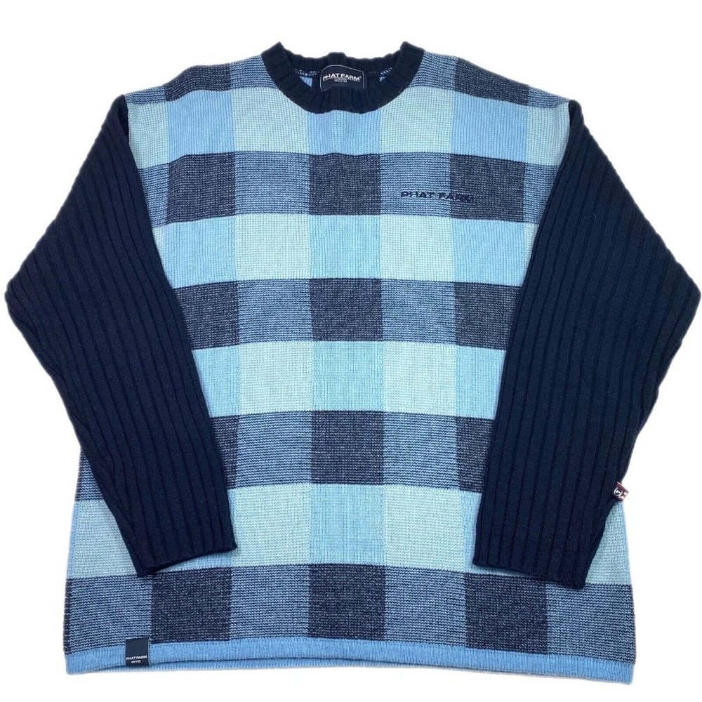 Vintage Phat Farm NYC Sweater Mens XL Plaid Blue Navy Knit Pullover Wool Y2K EUC